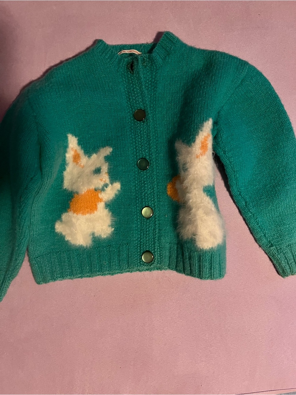 Girls Teal Knit Cardigan with Fluffy Bunny Motifs